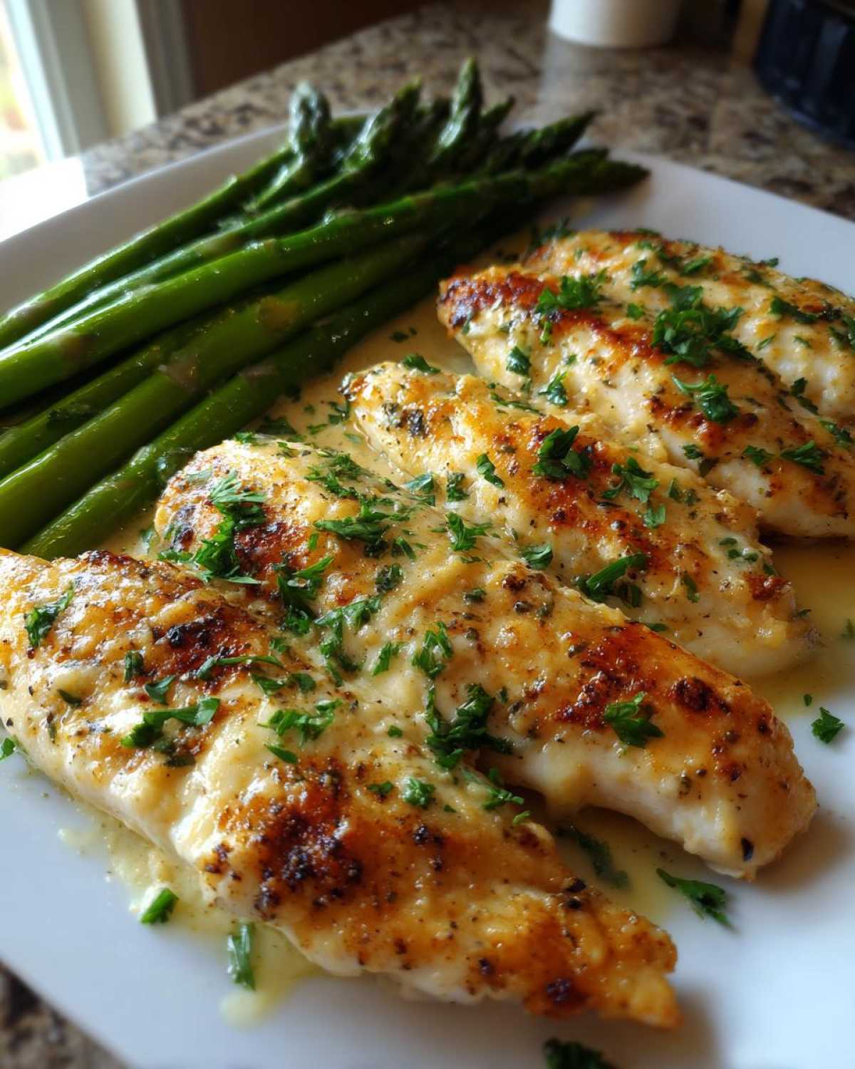 Four pieces of seared One-Pan Creamy Garlic Butter Tilapia topped with parsley next to steamed asparagus.