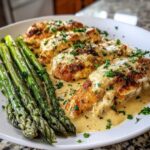 Four fillets of One-Pan Creamy Garlic Butter Tilapia covered in sauce and parsley, served next to bright green roasted asparagus.