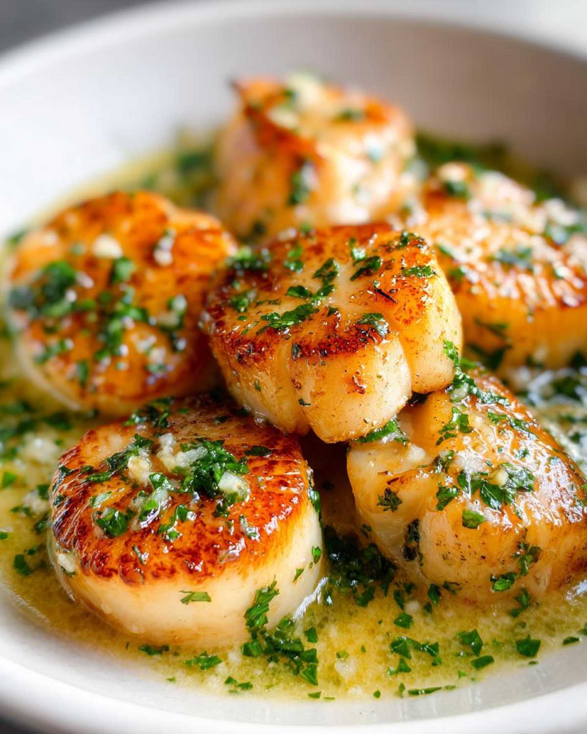 Close-up of perfectly seared One-Pan Creamy Lemon Butter Scallops swimming in a rich lemon butter sauce with minced garlic and parsley.