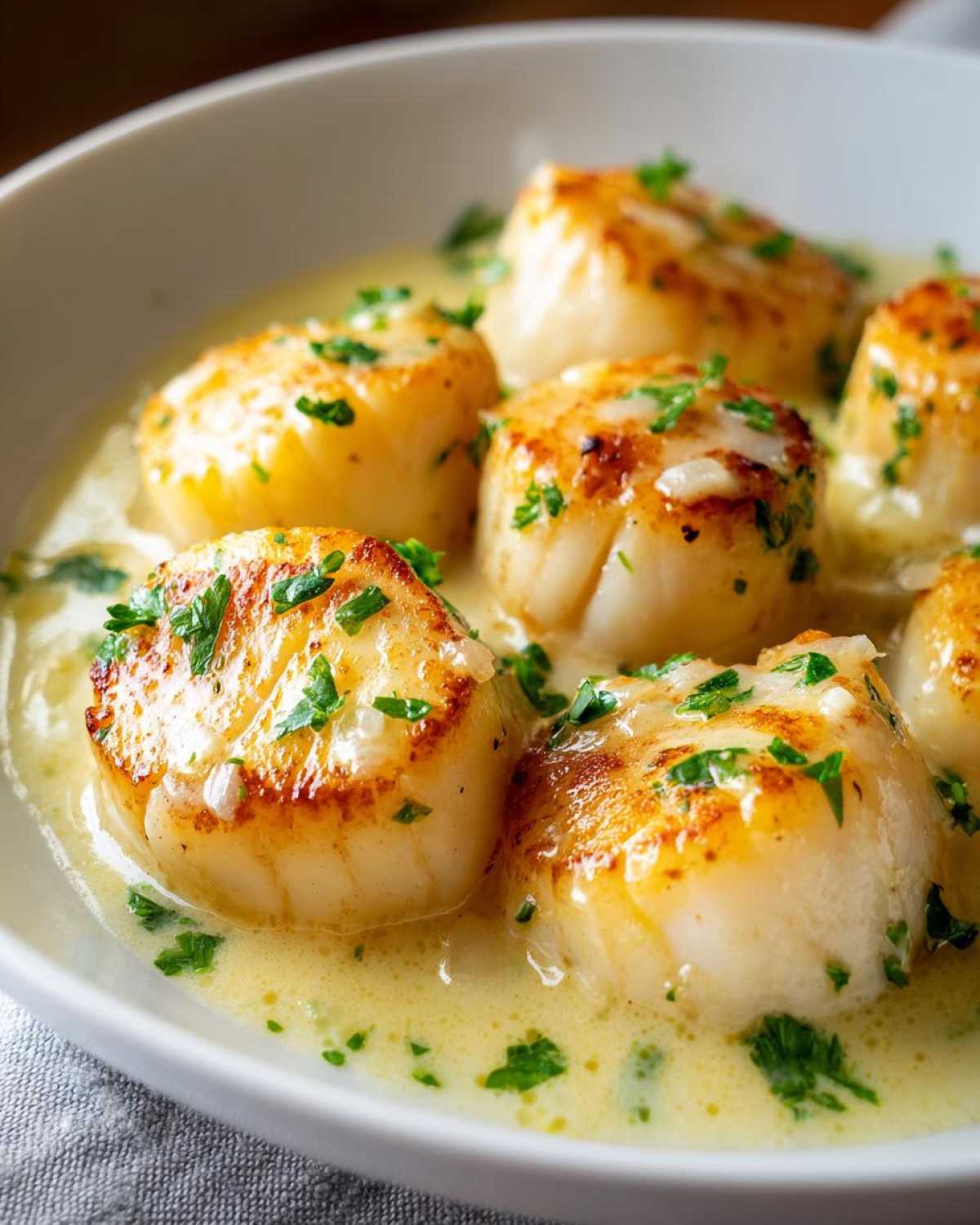 Close-up of seared scallops swimming in a rich, creamy lemon butter sauce and garnished with fresh parsley.