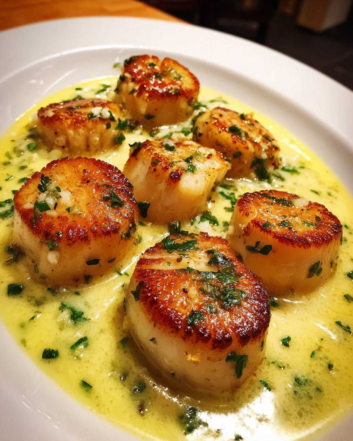 Close-up of perfectly seared One-Pan Creamy Lemon Butter Scallops resting in a rich, yellow lemon butter sauce with fresh parsley.