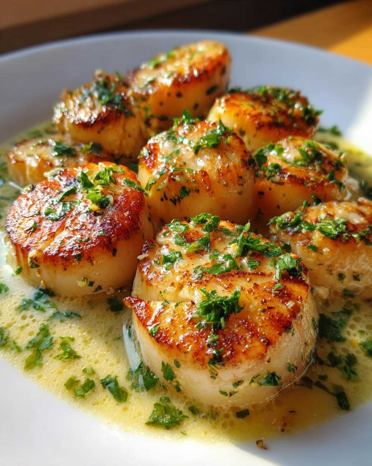 Close-up of seared scallops swimming in a creamy lemon butter sauce and topped with fresh parsley.