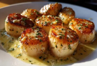 Close-up of seared scallops swimming in a creamy lemon butter sauce, garnished with parsley.