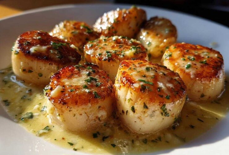 Close-up of seared scallops swimming in a creamy lemon butter sauce, garnished with parsley.