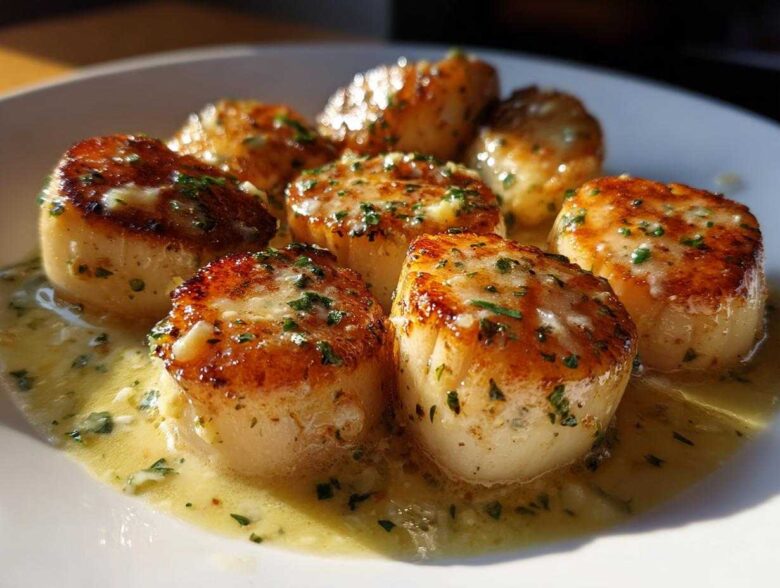 Close-up of seared scallops swimming in a creamy lemon butter sauce, garnished with parsley.