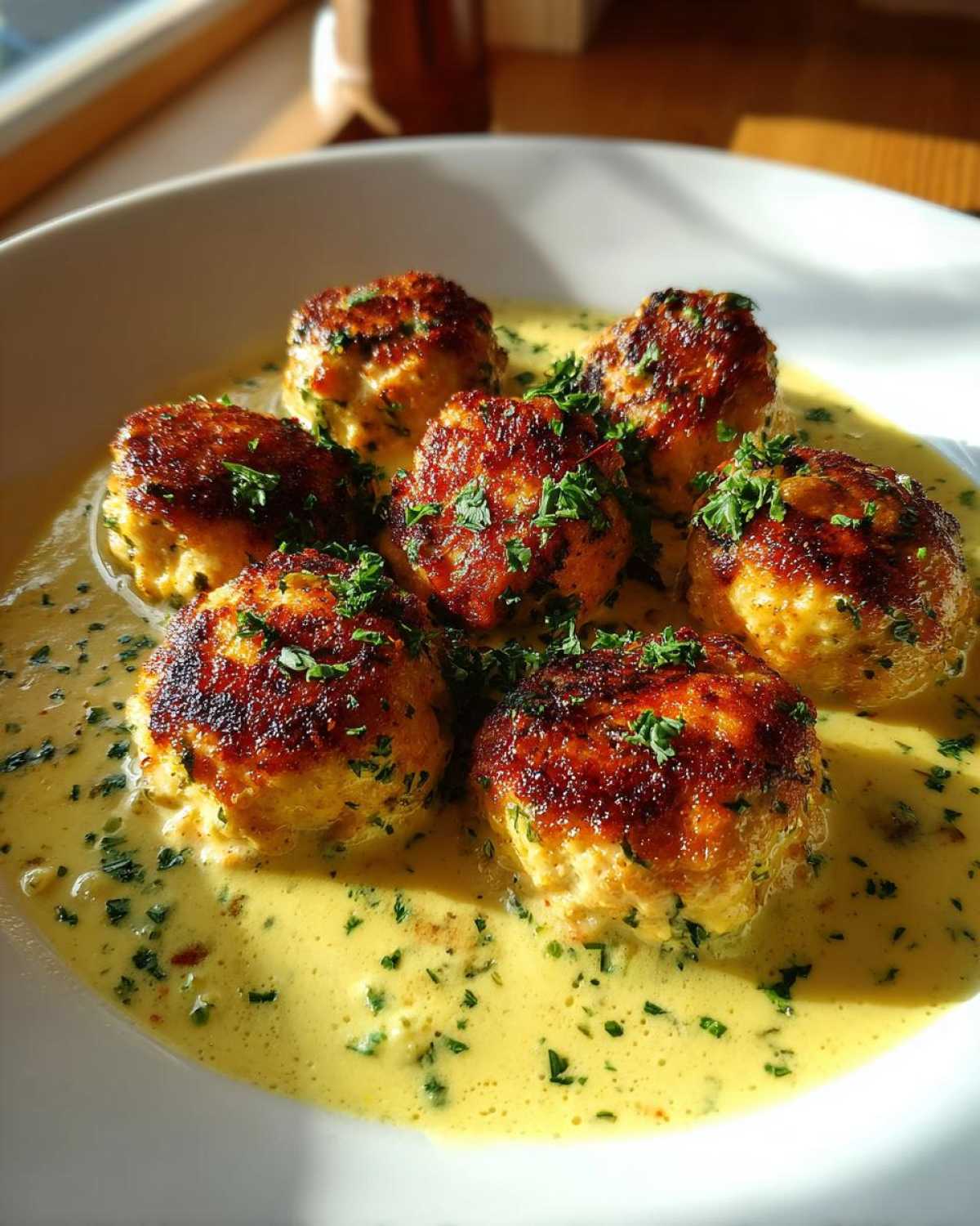 Close-up of browned One-Pan Creamy Lemon Garlic Turkey Meatballs served in a rich, yellow sauce and garnished with fresh parsley.