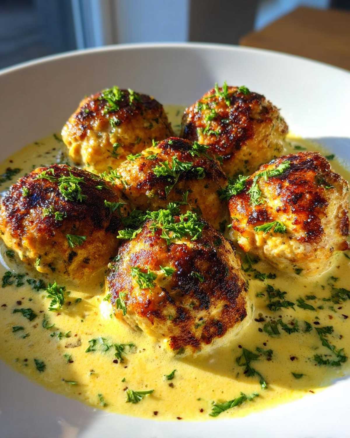 Five browned One-Pan Creamy Lemon Garlic Turkey Meatballs swimming in a rich, yellow cream sauce and garnished with fresh parsley.