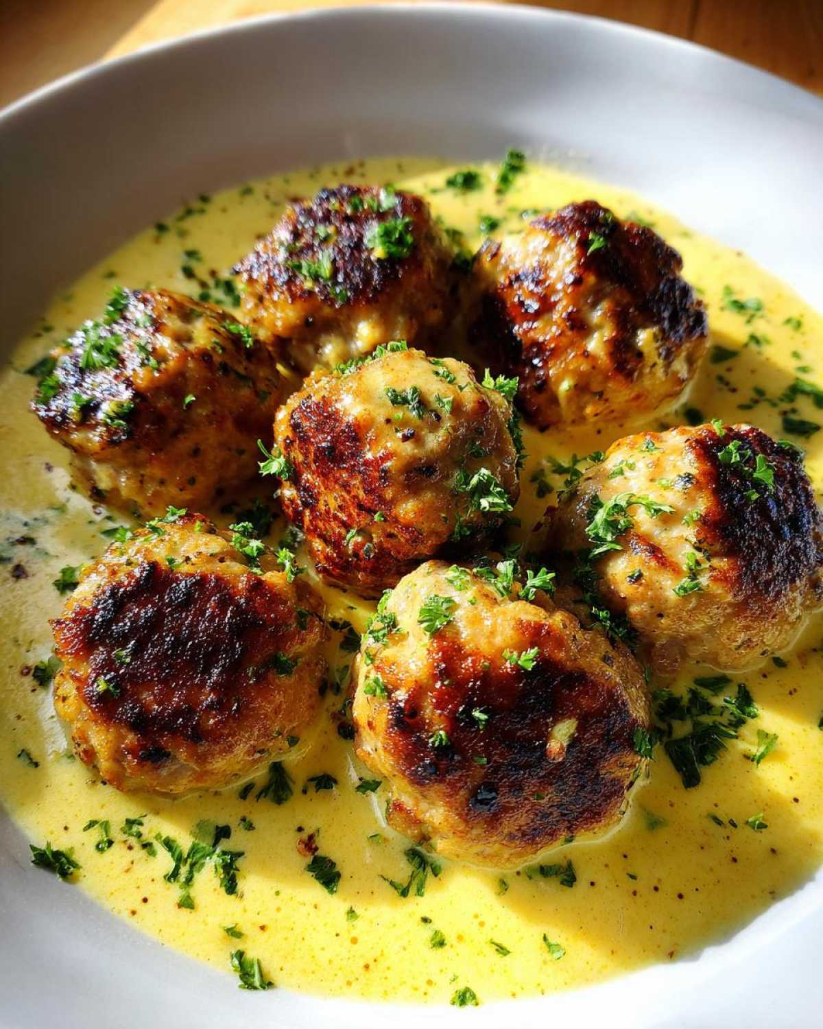 Six browned One-Pan Creamy Lemon Garlic Turkey Meatballs served in a rich, yellow sauce and garnished with fresh parsley.