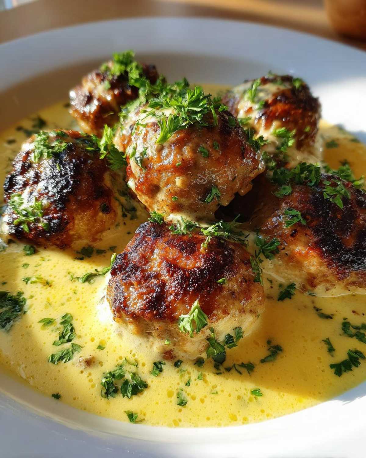 Close-up of seared One-Pan Creamy Lemon Garlic Turkey Meatballs smothered in a rich, yellow sauce and topped with fresh parsley.