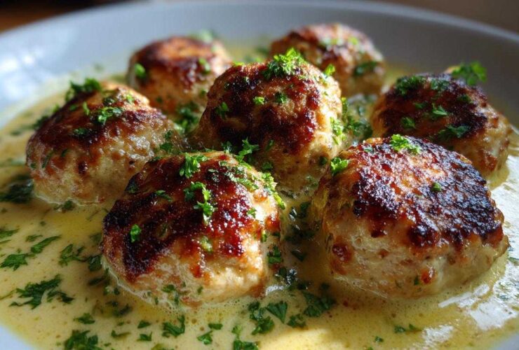 Close-up of browned One-Pan Creamy Lemon Garlic Turkey Meatballs submerged in a rich, yellow sauce and garnished with fresh parsley.