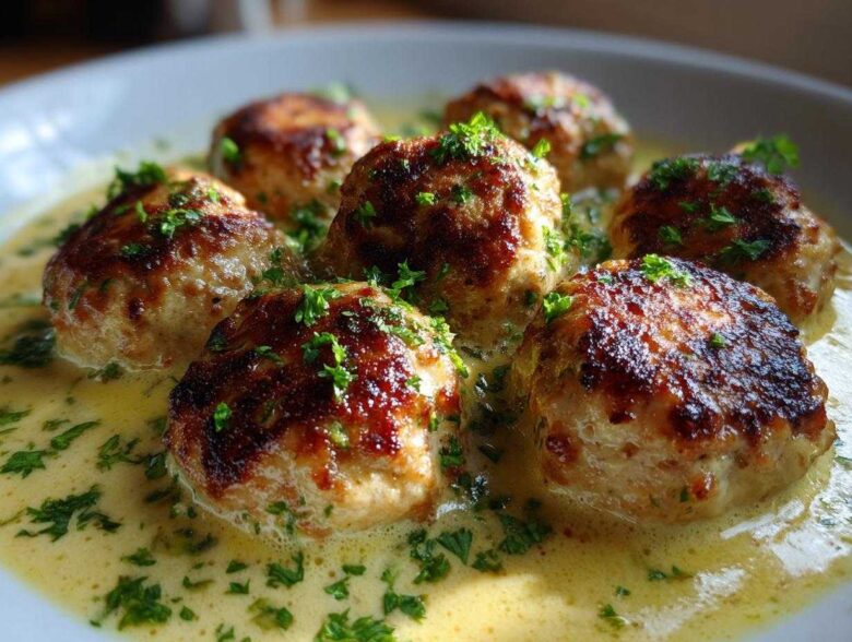 Close-up of browned One-Pan Creamy Lemon Garlic Turkey Meatballs submerged in a rich, yellow sauce and garnished with fresh parsley.