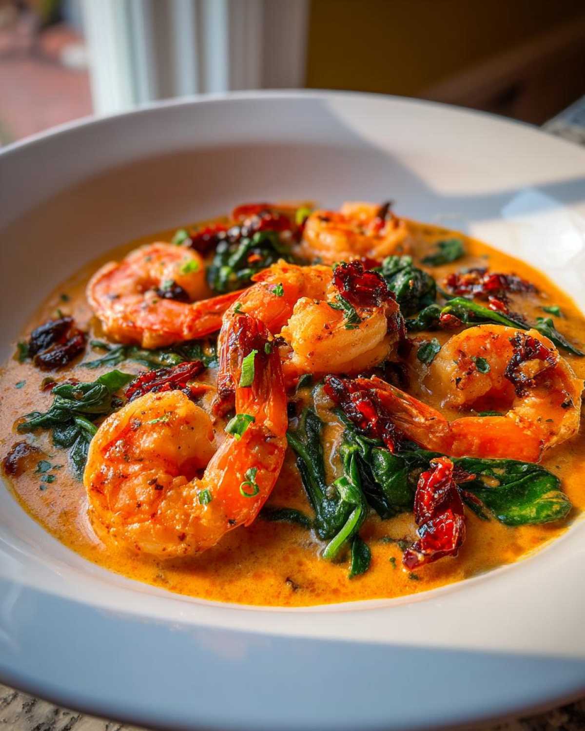 Plump shrimp served in a rich, creamy sauce with spinach and sun-dried tomatoes, highlighting the One-Pan Creamy Sun-Dried Tomato Shrimp.
