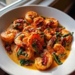 Close-up of plump shrimp coated in a rich, creamy sauce with sun-dried tomatoes and spinach, highlighting the One-Pan Creamy Sun-Dried Tomato Shrimp.