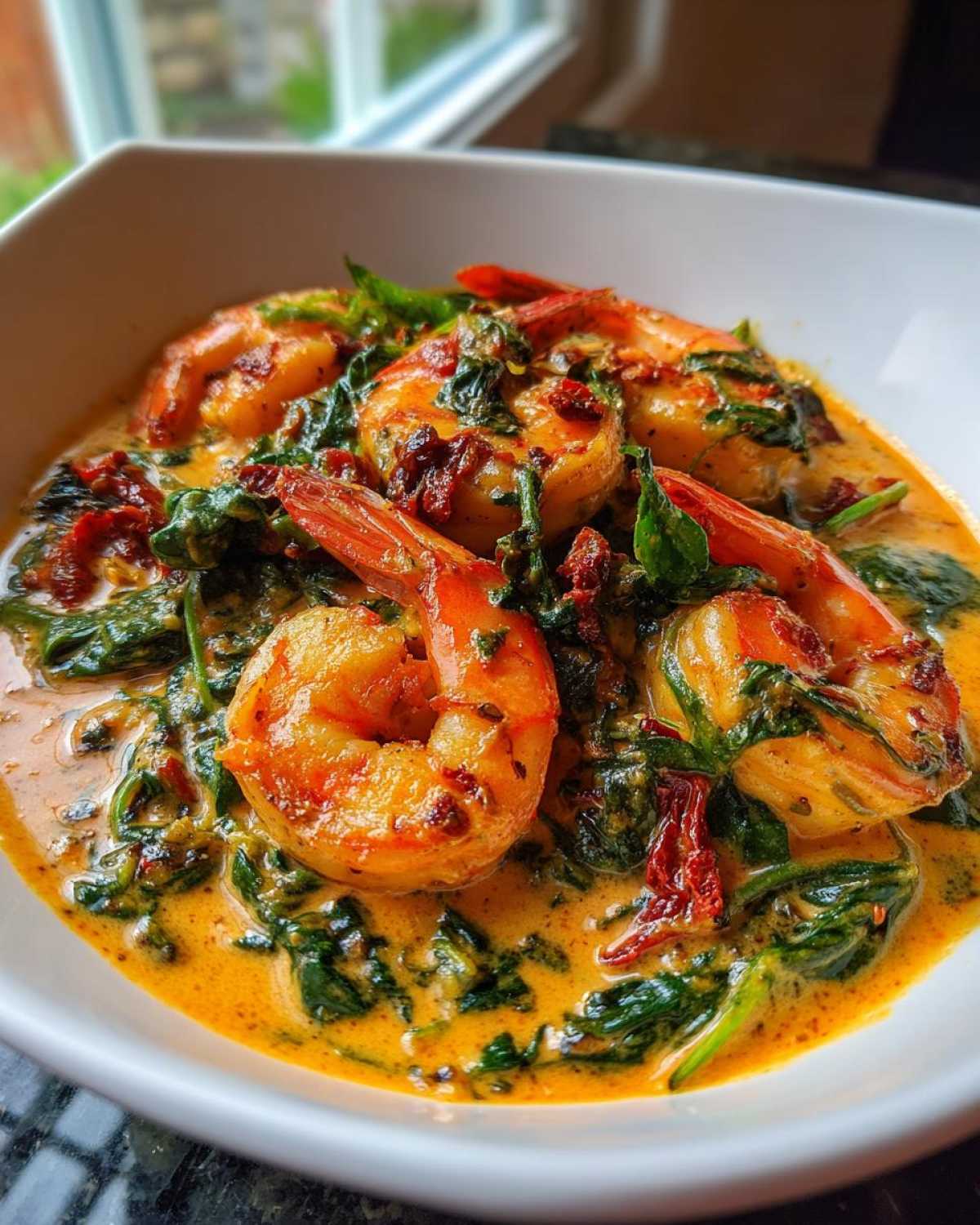 Close-up of cooked shrimp in a rich, creamy sauce with spinach and sun-dried tomatoes, part of the One-Pan Creamy Sun-Dried Tomato Shrimp dish.