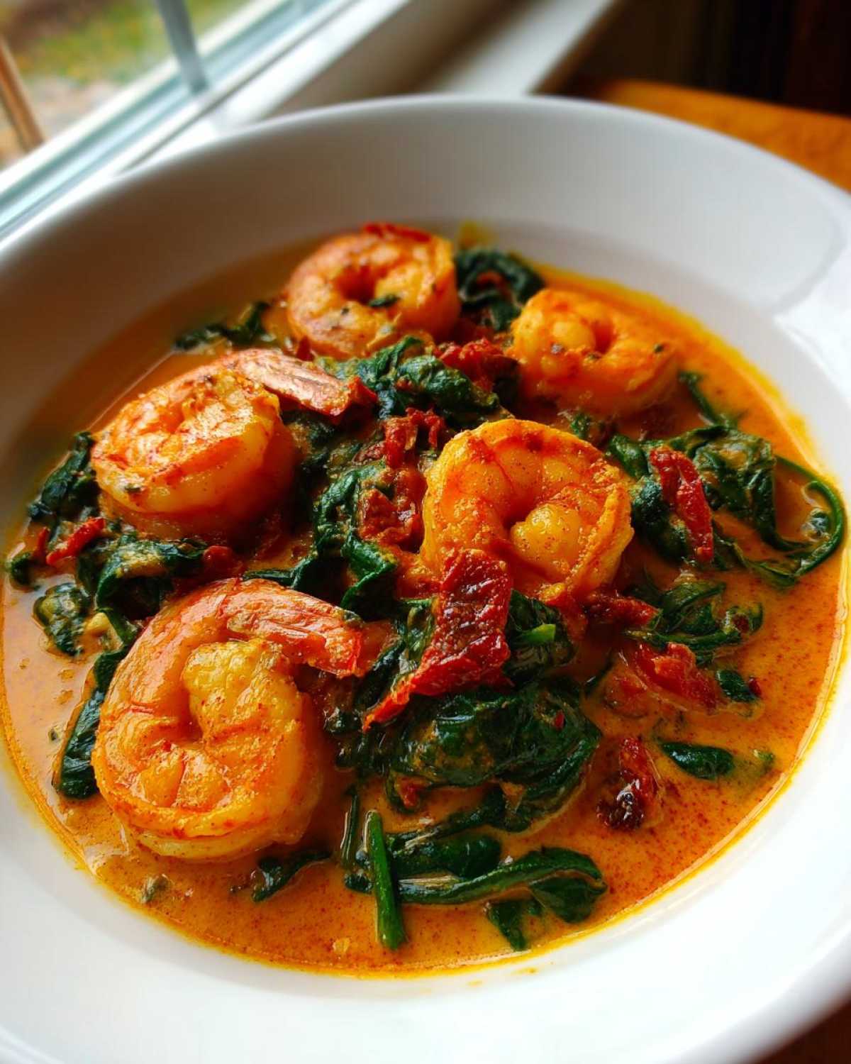 A close-up of One-Pan Creamy Sun-Dried Tomato Shrimp served in a white bowl with spinach and rich sauce.