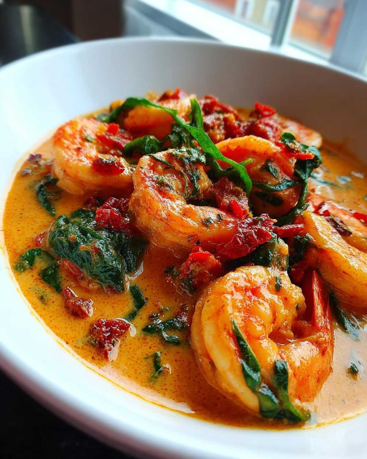 Close-up of plump shrimp coated in a creamy, orange sauce with sun-dried tomatoes and spinach: One-Pan Creamy Sun-Dried Tomato Shrimp.