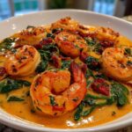 Close-up of plump shrimp in a rich, creamy sauce with spinach and sun-dried tomatoes: One-Pan Creamy Sun-Dried Tomato Shrimp.