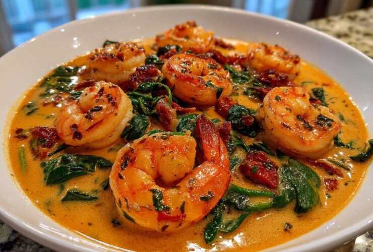 Close-up of plump shrimp in a rich, creamy sauce with spinach and sun-dried tomatoes: One-Pan Creamy Sun-Dried Tomato Shrimp.