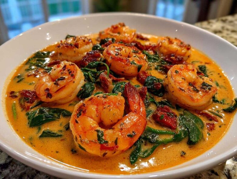 Close-up of plump shrimp in a rich, creamy sauce with spinach and sun-dried tomatoes: One-Pan Creamy Sun-Dried Tomato Shrimp.