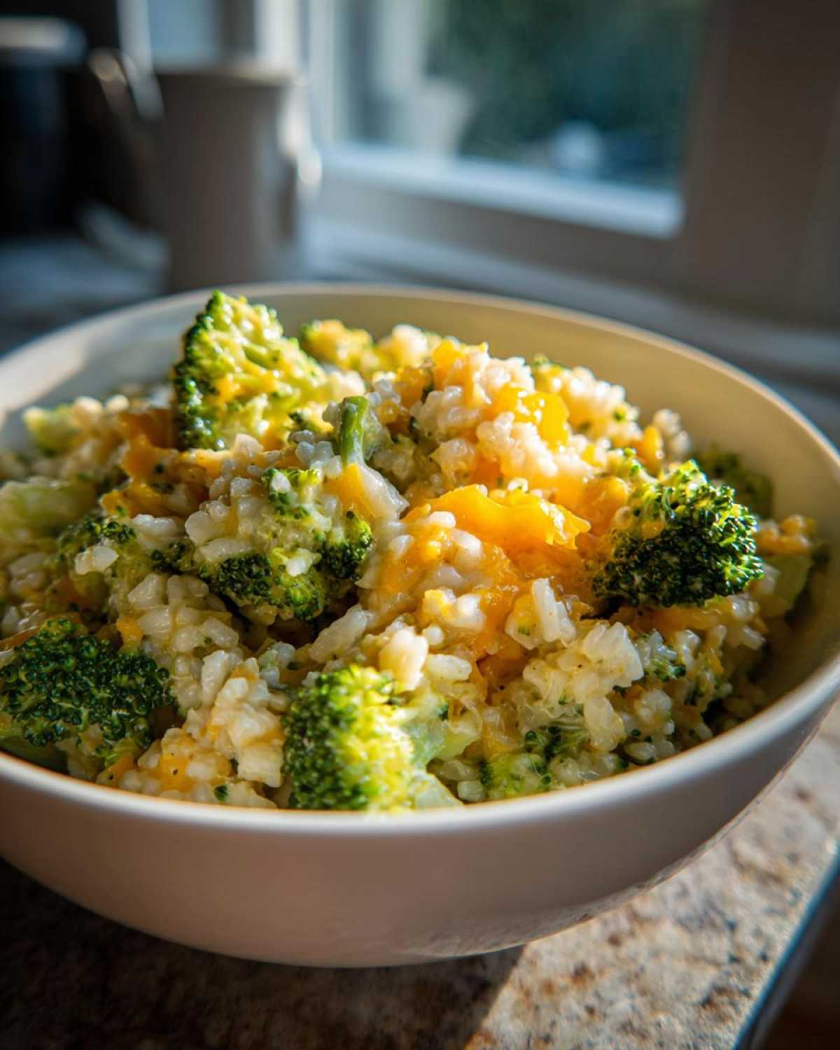 Close-up of a white bowl filled with One-Pot Creamy Broccoli Cheddar Rice, featuring bright green broccoli florets and melted cheddar cheese.