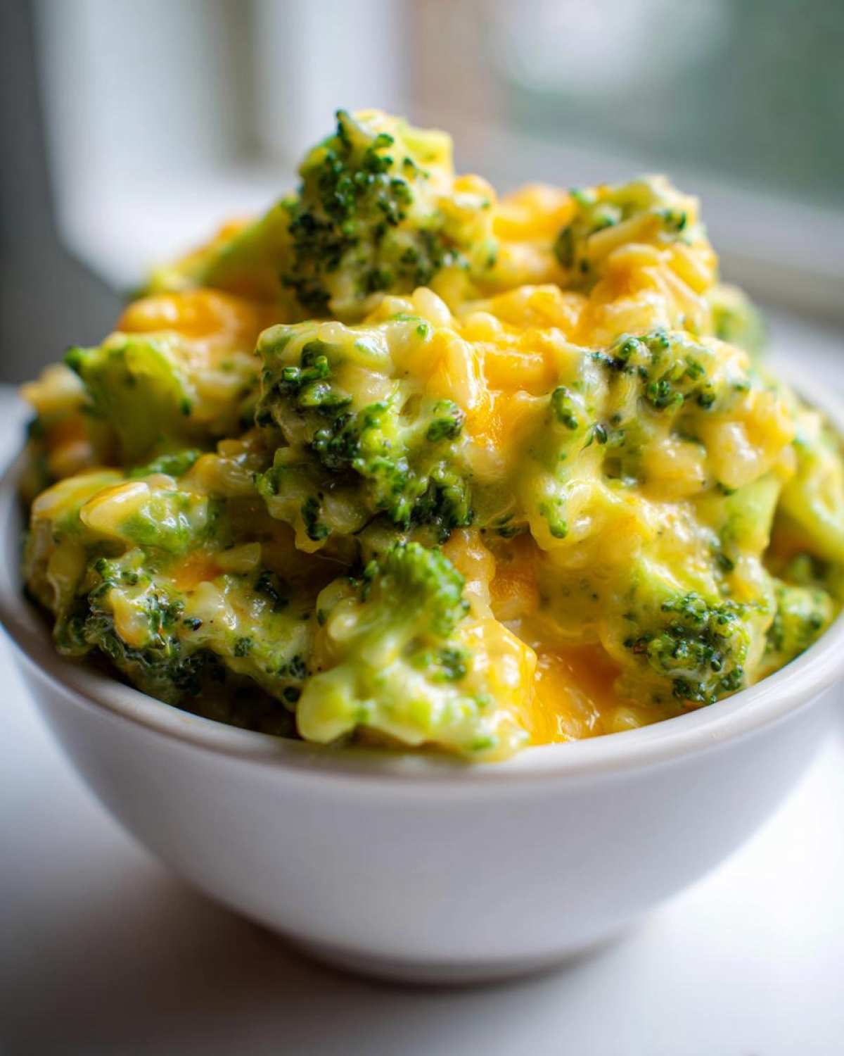 A close-up of a white bowl filled with One-Pot Creamy Broccoli Cheddar Rice, showing bright green broccoli florets coated in melted cheddar cheese sauce.