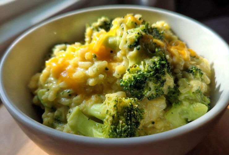 Close-up of a white bowl filled with One-Pot Creamy Broccoli Cheddar Rice topped with melted cheddar cheese.