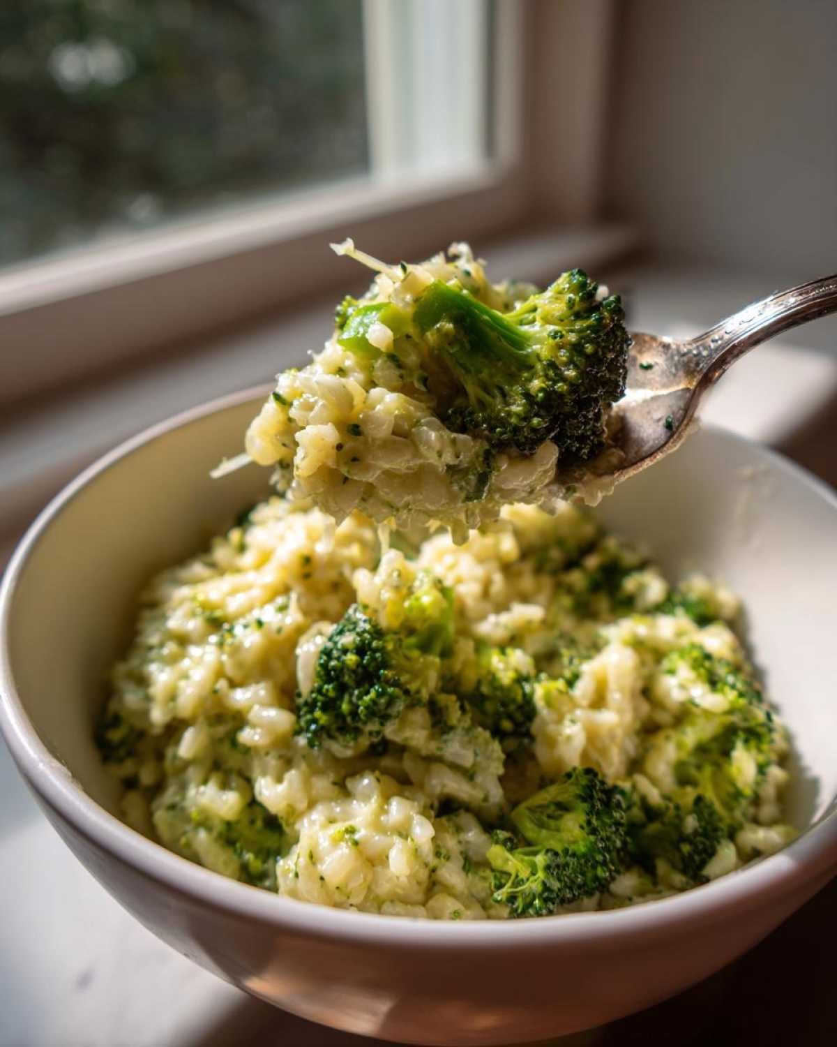 A spoonful of creamy One-Pot Creamy Broccoli Cheddar Rice lifted from a white bowl, showing bright green broccoli florets.
