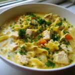 Close-up of a bowl of One-Pot Creamy Lemon Chicken Noodle Soup garnished with parsley and lemon zest.