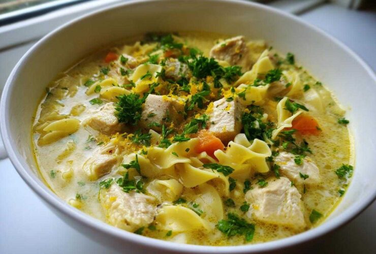 Close-up of a bowl of One-Pot Creamy Lemon Chicken Noodle Soup garnished with parsley and lemon zest.