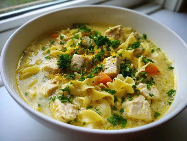 Close-up of a bowl of One-Pot Creamy Lemon Chicken Noodle Soup garnished with parsley and lemon zest.
