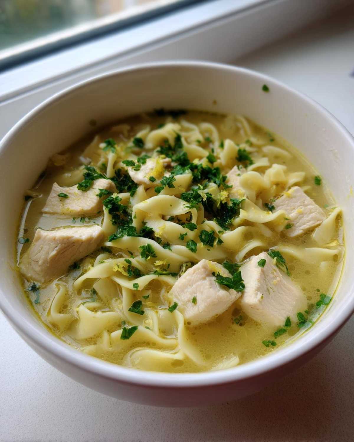 Close-up of a white bowl filled with One-Pot Creamy Lemon Chicken Noodle Soup, featuring egg noodles, chicken chunks, and parsley garnish.