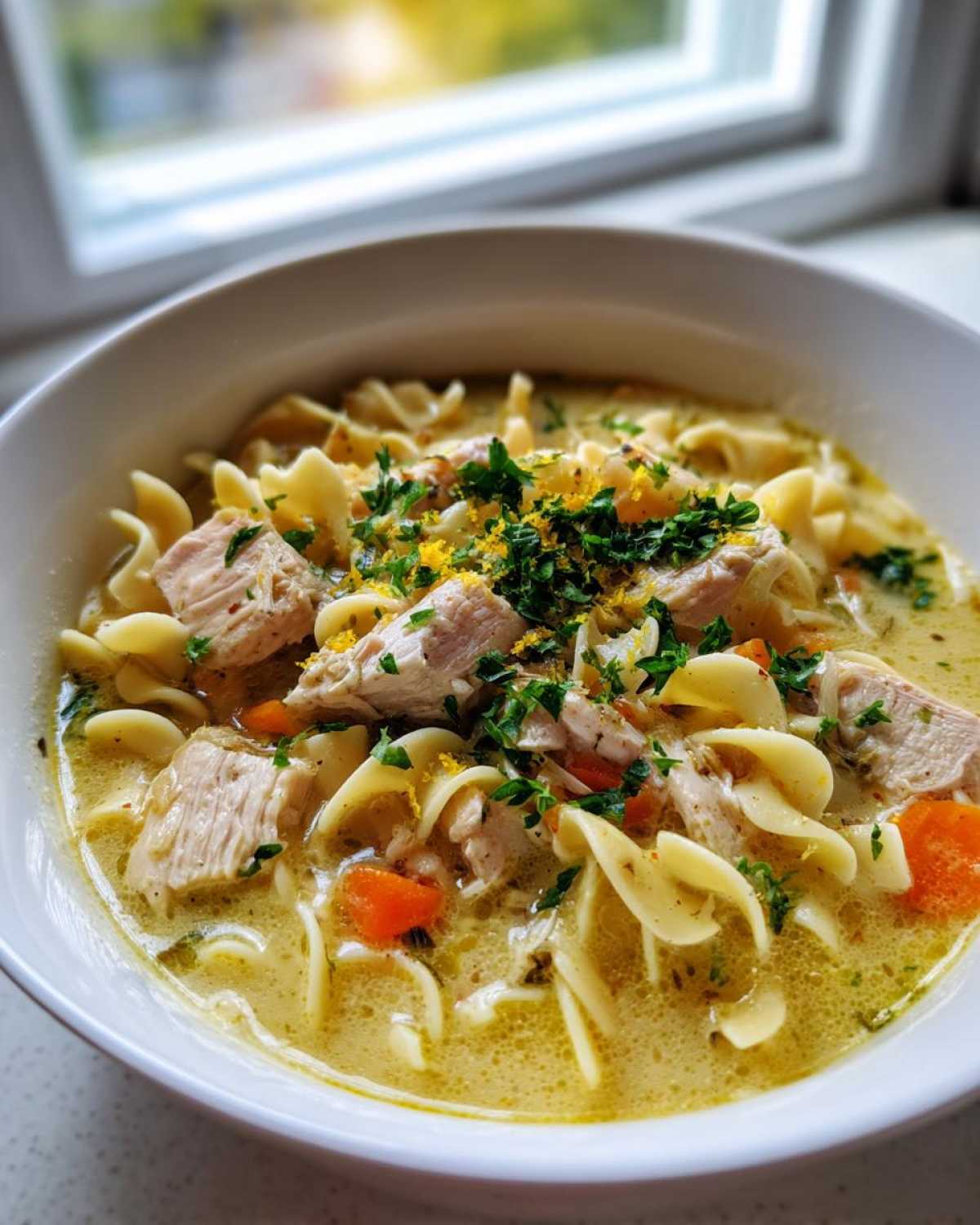 Close-up of a bowl of One-Pot Creamy Lemon Chicken Noodle Soup topped with chicken chunks, egg noodles, and lemon zest.