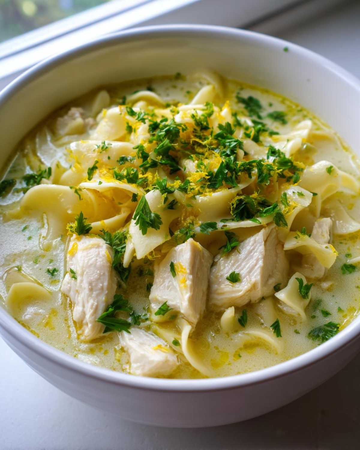 A close-up of a white bowl filled with One-Pot Creamy Lemon Chicken Noodle Soup, topped with fresh parsley and lemon zest.