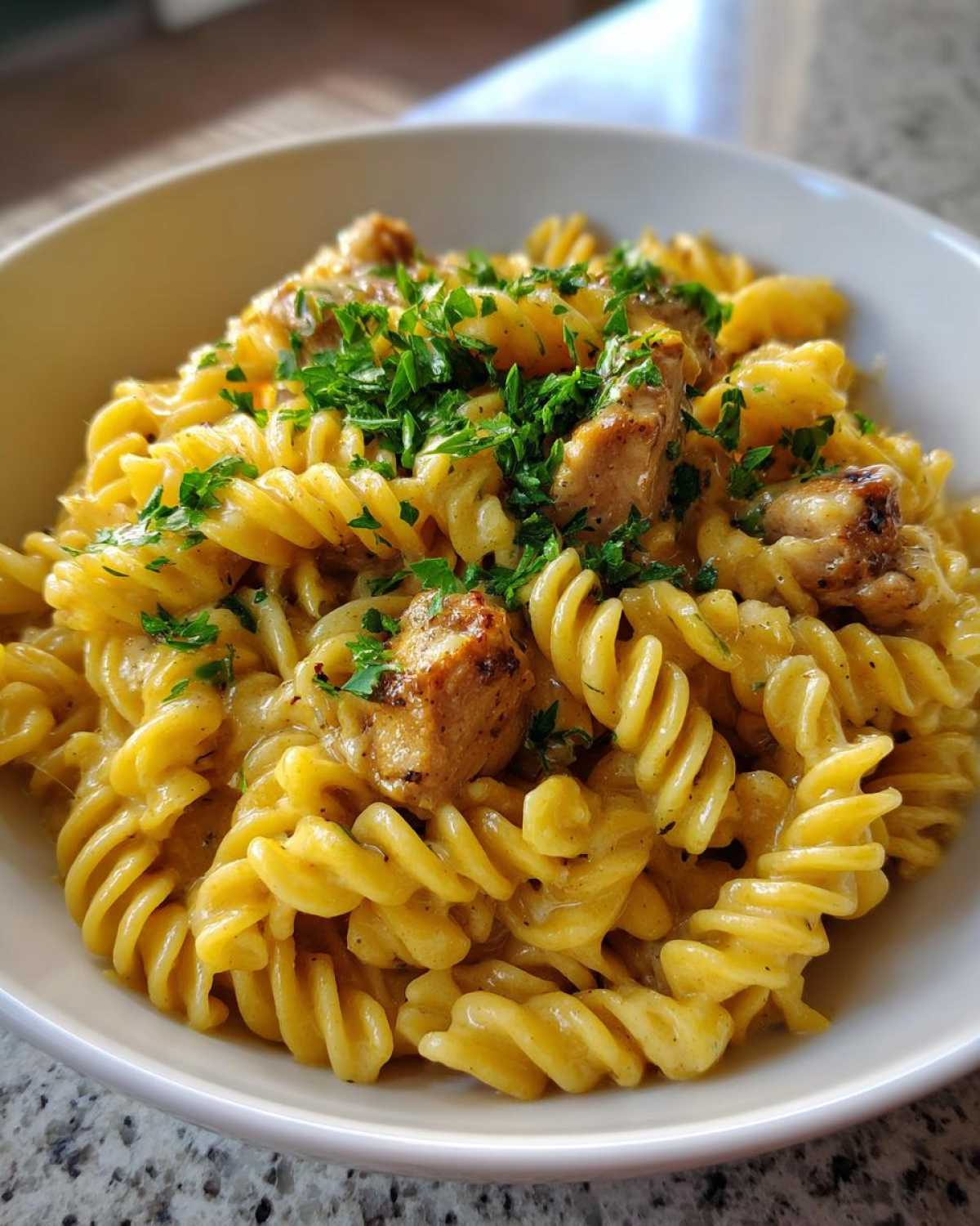 Close-up of One-Pot Creamy Lemon Pepper Chicken Pasta featuring rotini noodles and chicken pieces, topped with fresh parsley.