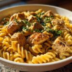 Close-up of One-Pot Creamy Lemon Pepper Chicken Pasta featuring fusilli pasta and seasoned chicken pieces in a white bowl.