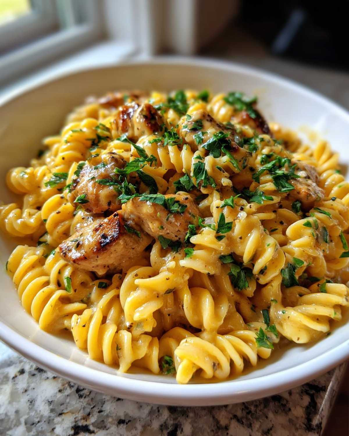 Close-up of One-Pot Creamy Lemon Pepper Chicken Pasta with fusilli noodles, topped with browned chicken pieces and fresh parsley.