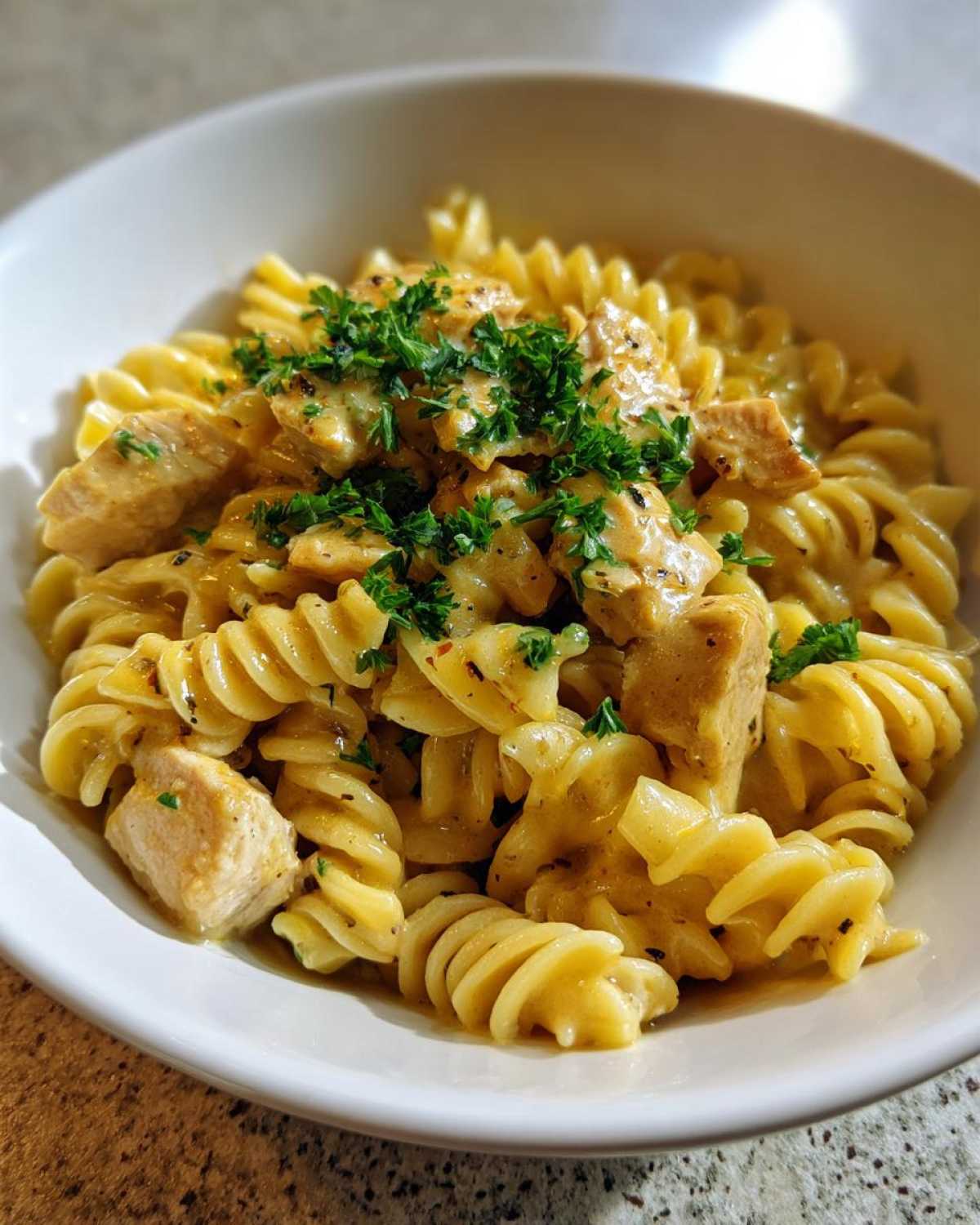 A close-up view of One-Pot Creamy Lemon Pepper Chicken Pasta featuring fusilli pasta, chicken pieces, and a creamy sauce, garnished with fresh parsley.