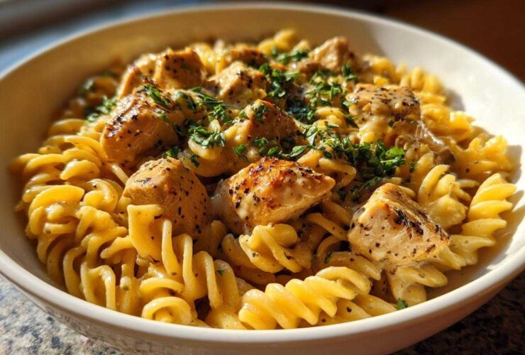 Close-up of One-Pot Creamy Lemon Pepper Chicken Pasta featuring fusilli pasta and seasoned chicken pieces in a white bowl.