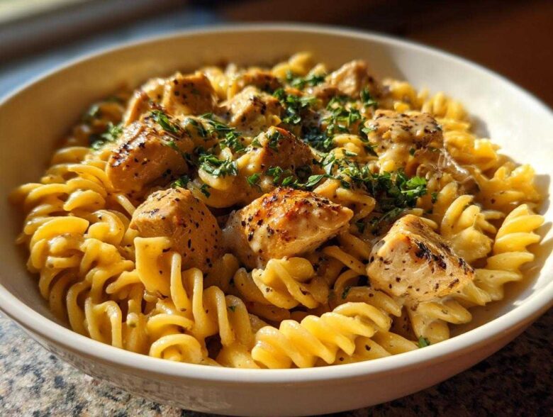 Close-up of One-Pot Creamy Lemon Pepper Chicken Pasta featuring fusilli pasta and seasoned chicken pieces in a white bowl.