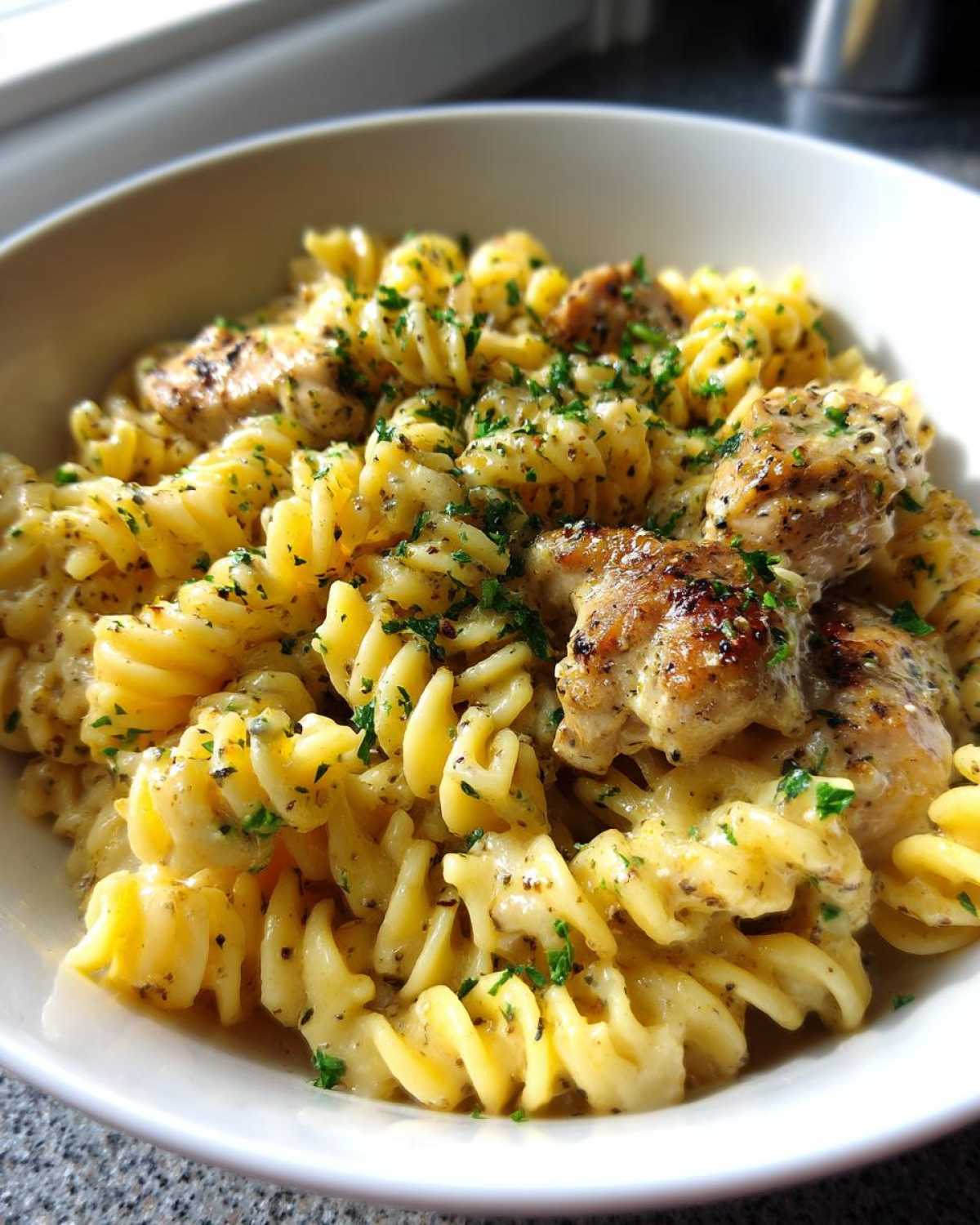 A close-up shot of creamy One-Pot Creamy Lemon Pepper Chicken Pasta featuring fusilli pasta, seasoned chicken pieces, and fresh parsley.