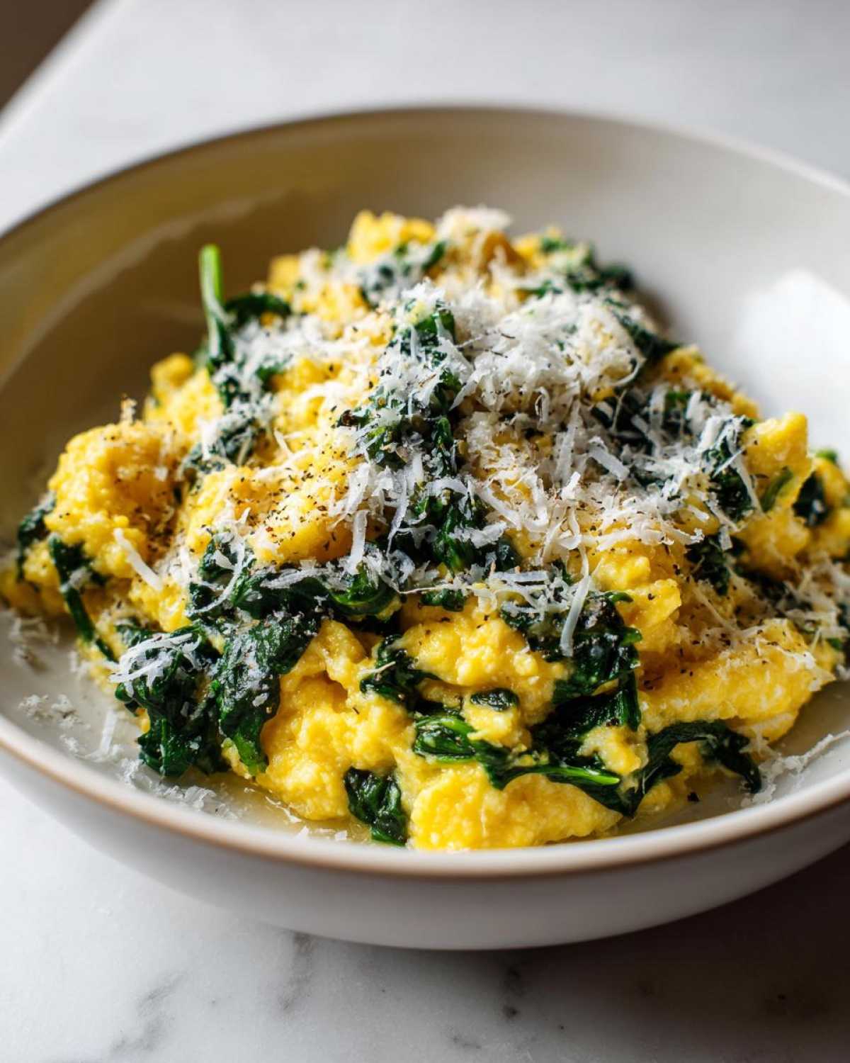 Close-up of One-Pot Creamy Spinach Parmesan Polenta topped with shredded Parmesan cheese and black pepper.