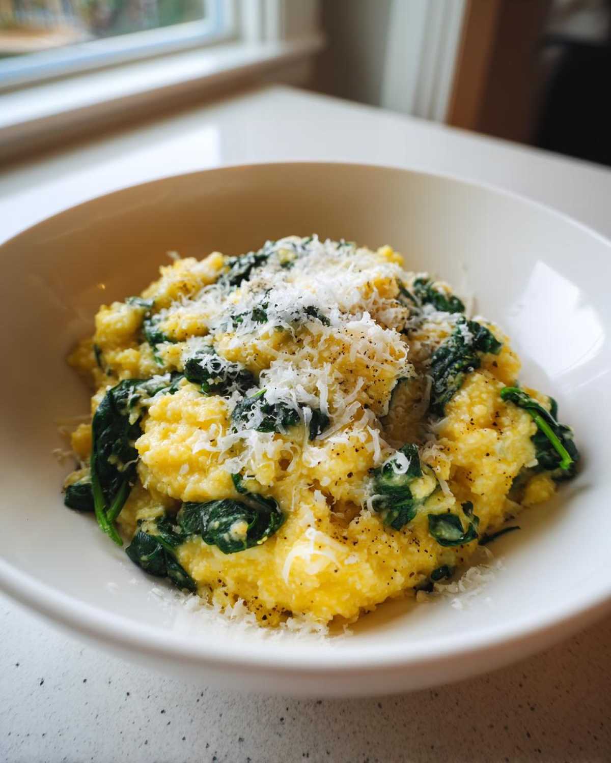 Close-up of One-Pot Creamy Spinach Parmesan Polenta topped with grated cheese and black pepper in a white bowl.