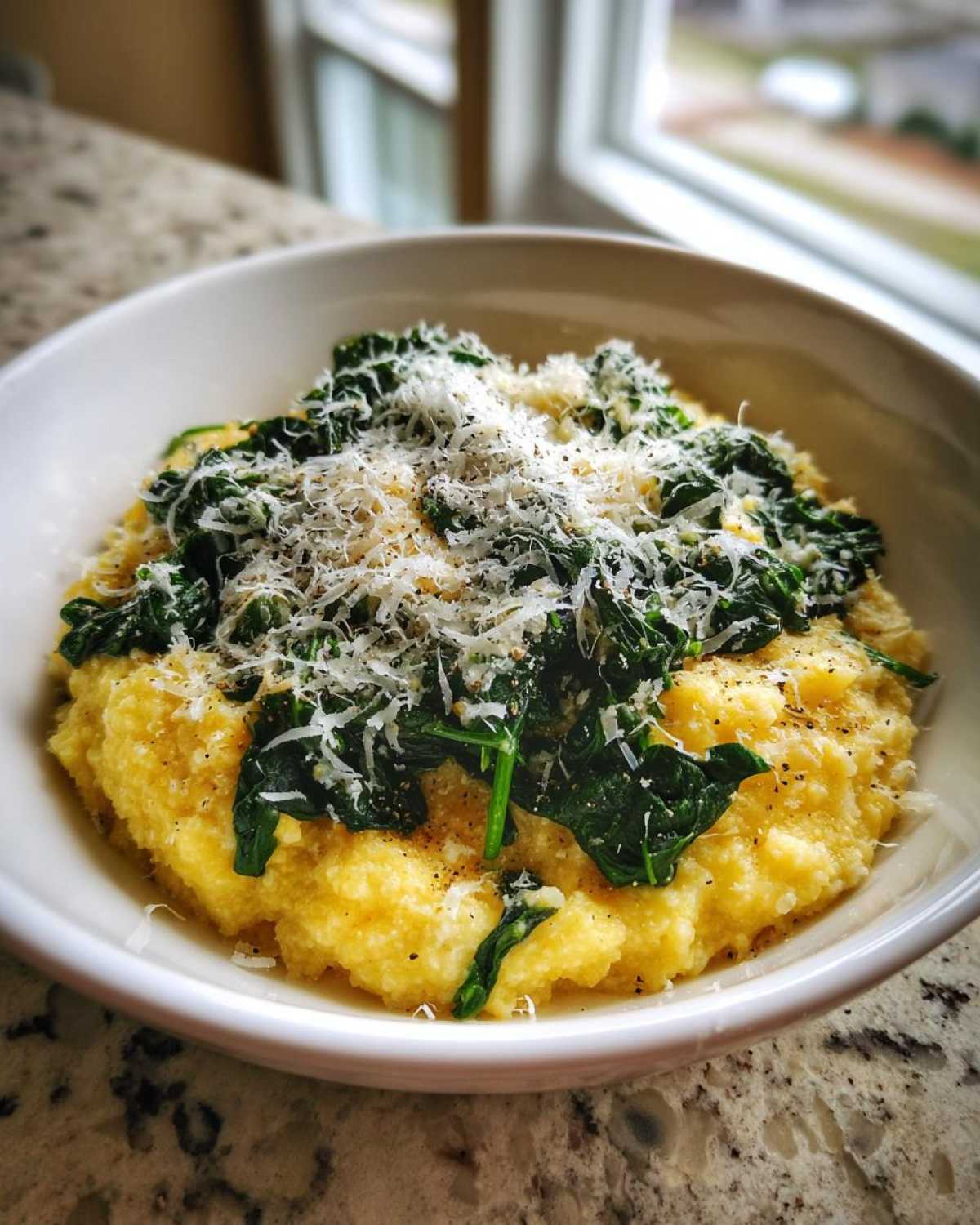 A close-up of One-Pot Creamy Spinach Parmesan Polenta topped with wilted spinach and grated Parmesan cheese.