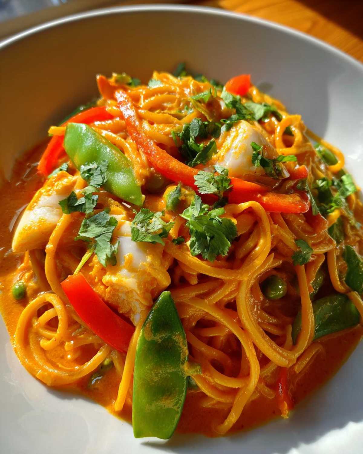 A close-up shot of One-Pot Creamy Thai Red Curry Noodles served in a white bowl, topped with snow peas and cilantro.