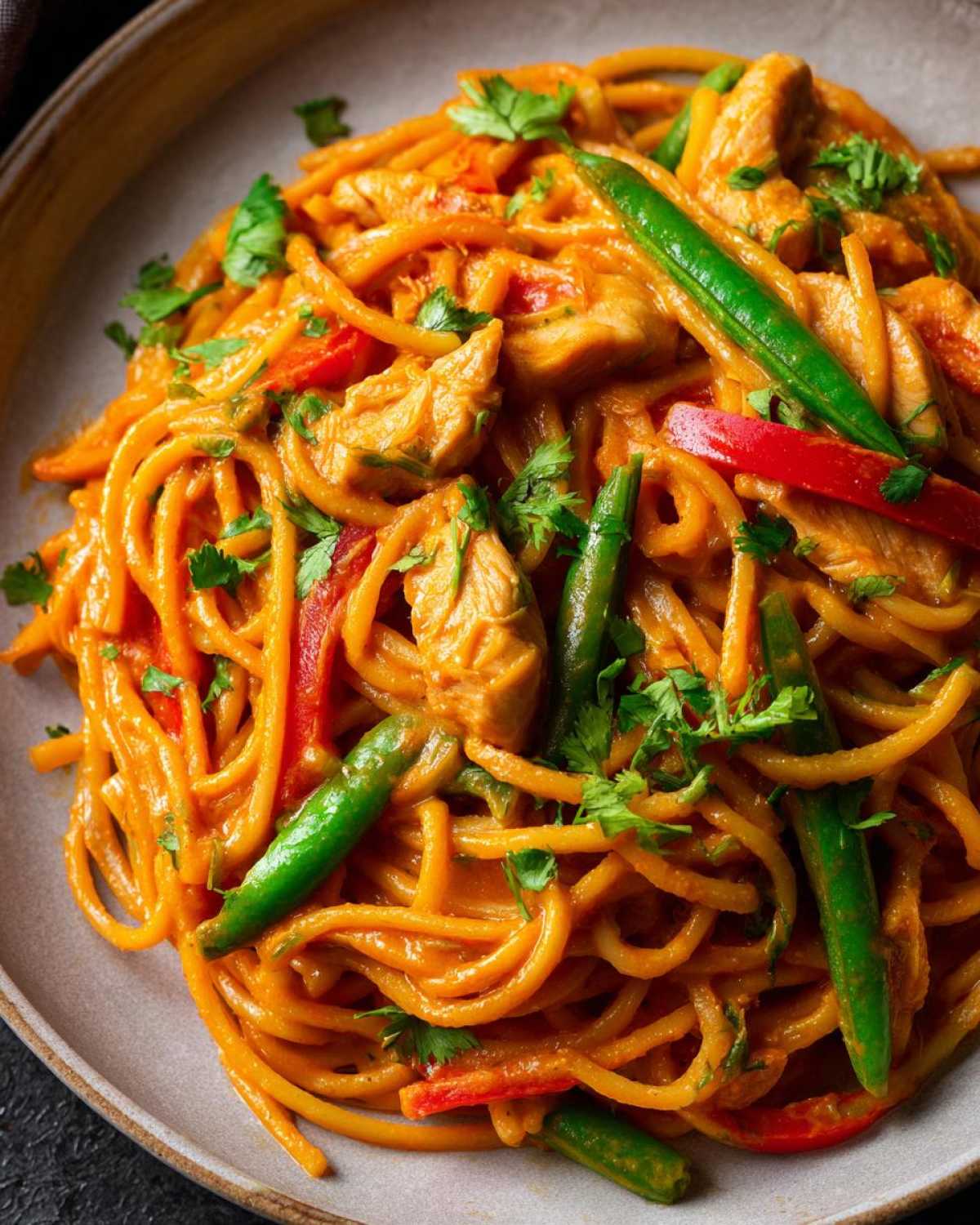 A close-up of One-Pot Creamy Thai Red Curry Noodles featuring chicken, red peppers, and green beans.