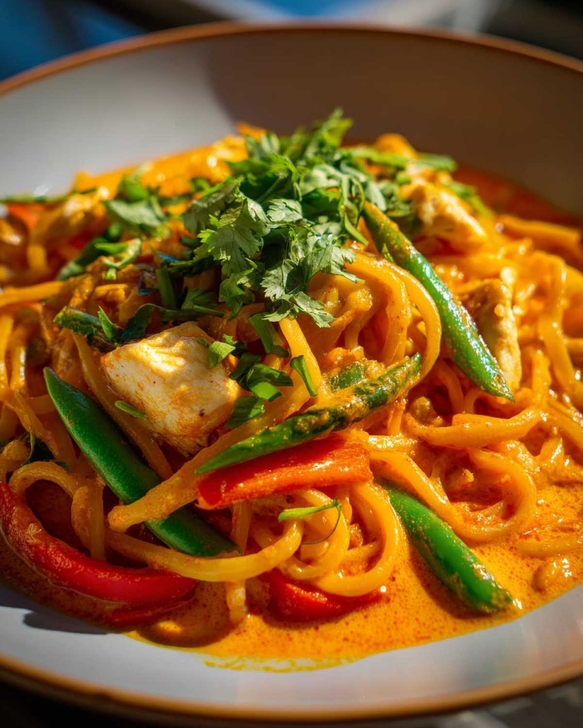 Close-up of a bowl of One-Pot Creamy Thai Red Curry Noodles topped with fresh cilantro.