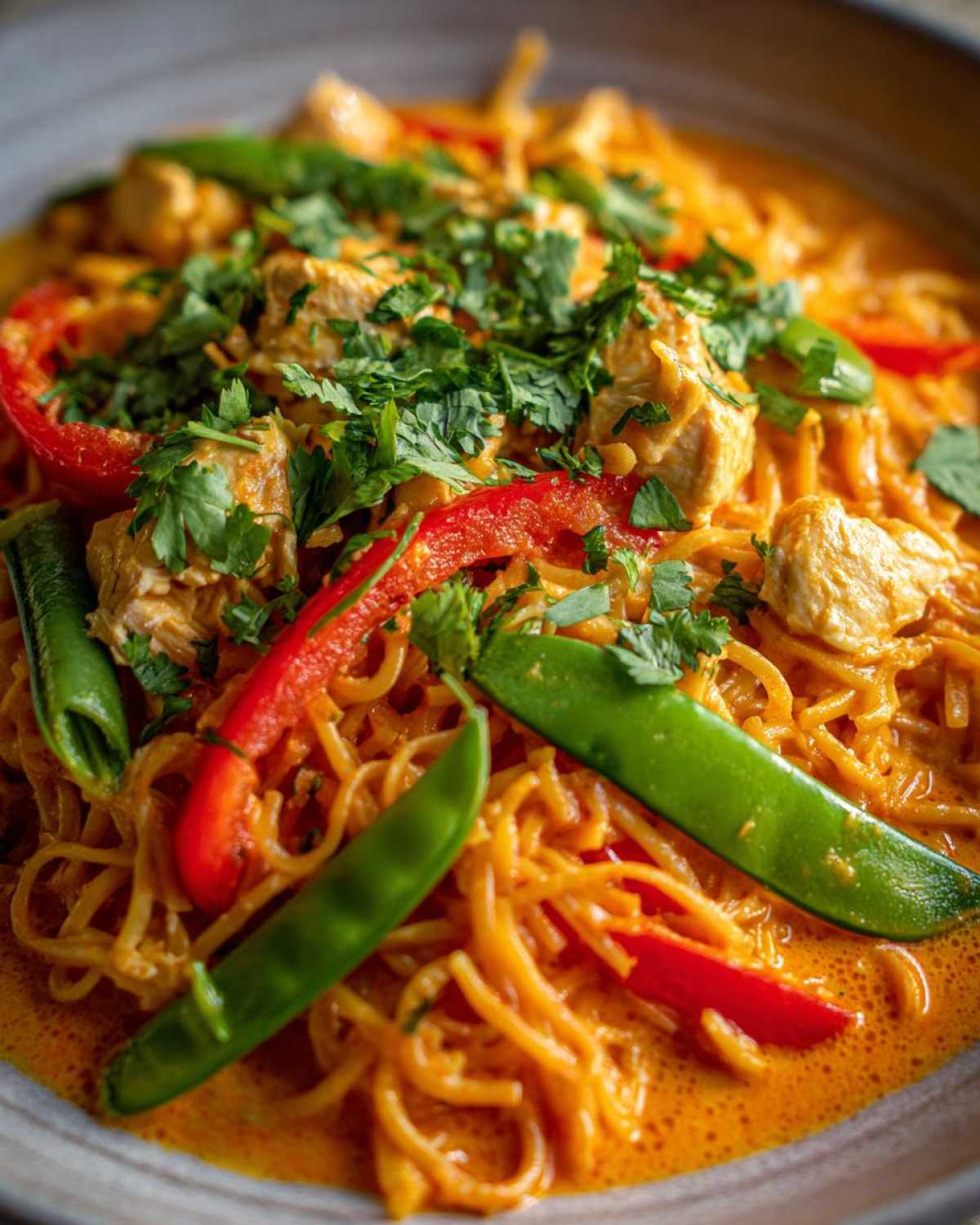 Close-up of One-Pot Creamy Thai Red Curry Noodles with chicken, red peppers, and snow peas.