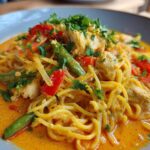 A close-up of One-Pot Creamy Thai Red Curry Noodles featuring chicken, green beans, red peppers, and cilantro garnish in a rich orange sauce.