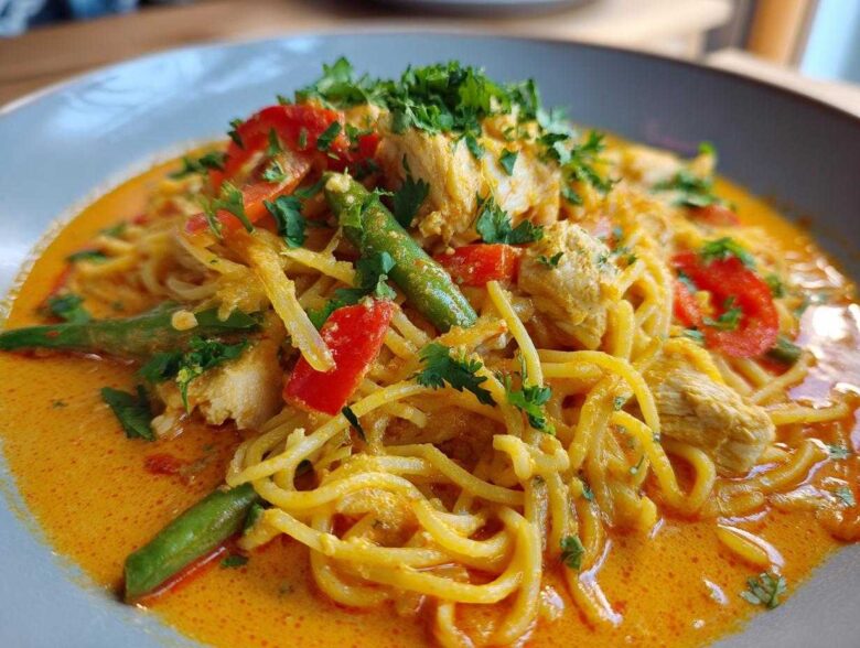A close-up of One-Pot Creamy Thai Red Curry Noodles featuring chicken, green beans, red peppers, and cilantro garnish in a rich orange sauce.