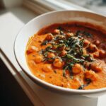 A vibrant bowl of One-Pot Creamy Tomato Basil Chickpea Stew topped with fresh, shredded basil.